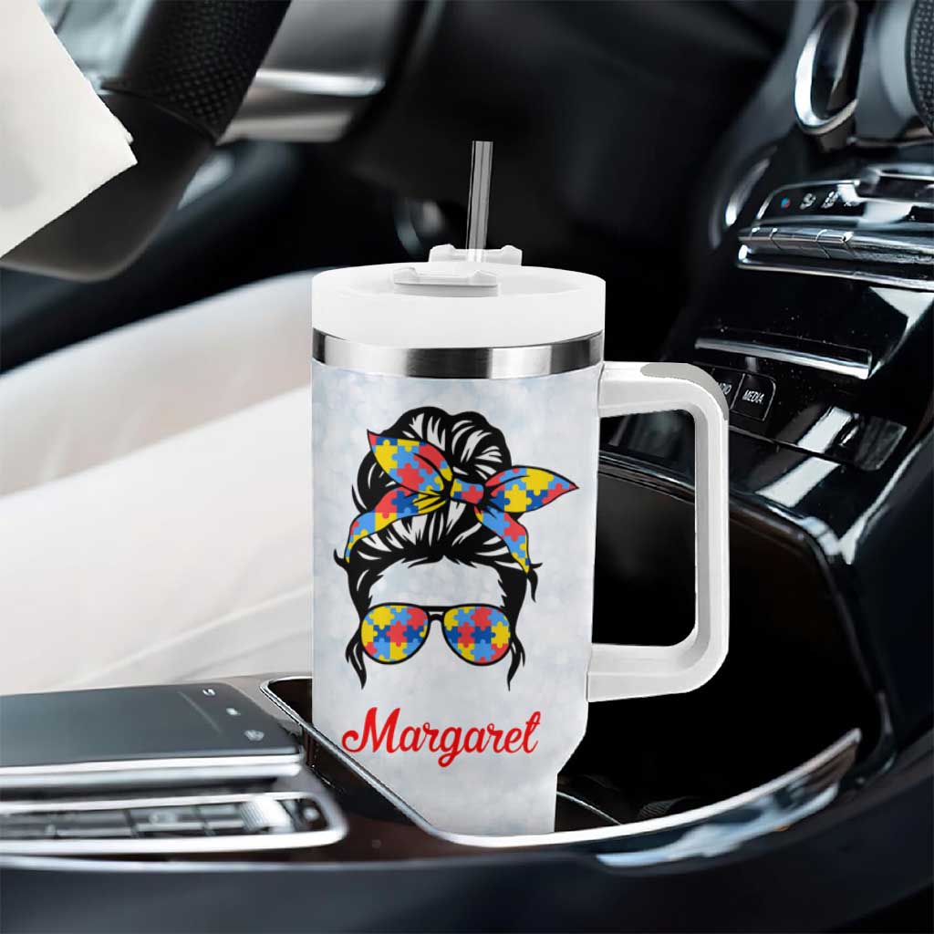 Personalized Autism Mom Tumbler With Handle Strong and Proud Puzzle Pieces Messy Bun