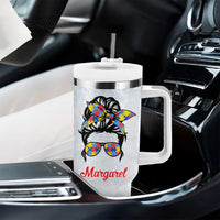 Personalized Autism Mom Tumbler With Handle Strong and Proud Puzzle Pieces Messy Bun