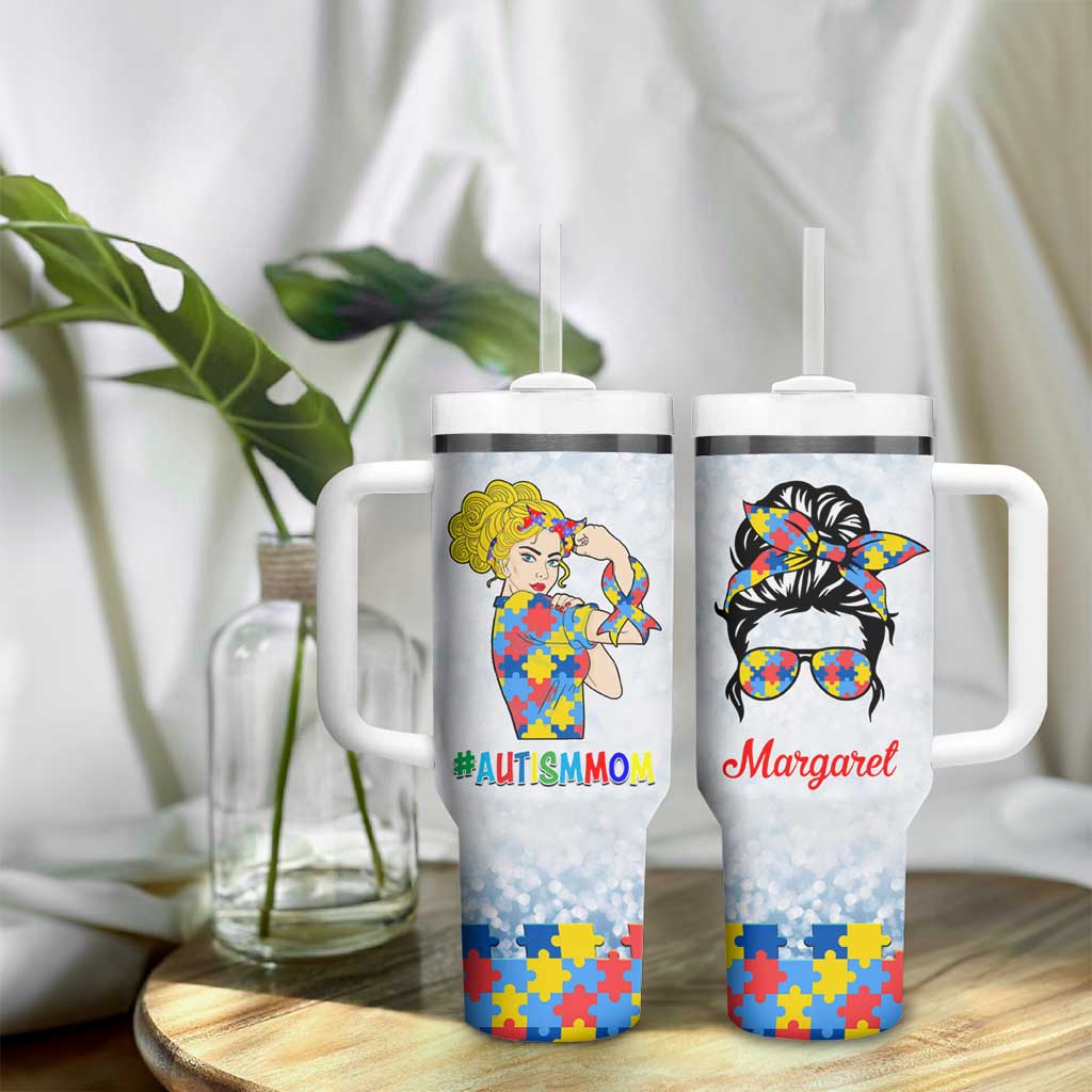 Personalized Autism Mom Tumbler With Handle Strong and Proud Puzzle Pieces Messy Bun