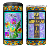 Personalized Christian Faith Stained Glass Printing 4 in 1 Can Cooler Tumbler Custom Name Be Still And Know That I Am God Dandelion Taraxacum Flower