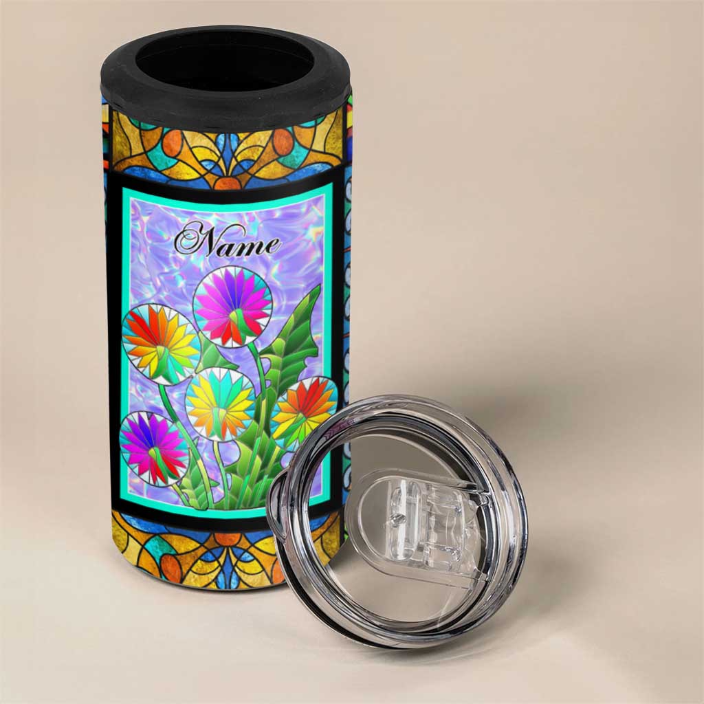 Personalized Christian Faith Stained Glass Printing 4 in 1 Can Cooler Tumbler Custom Name Be Still And Know That I Am God Dandelion Taraxacum Flower