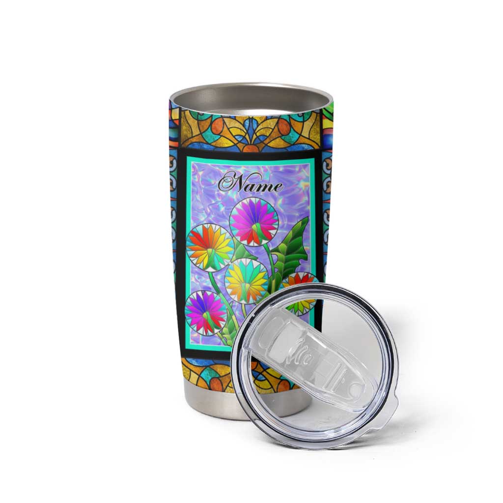 Personalized Christian Faith Stained Glass Printing Tumbler Cup Custom Name Be Still And Know That I Am God Dandelion Taraxacum Flower