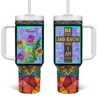 Personalized Christian Faith Stained Glass Printing Tumbler With Handle Custom Name Be Still And Know That I Am God Dandelion Taraxacum Flower