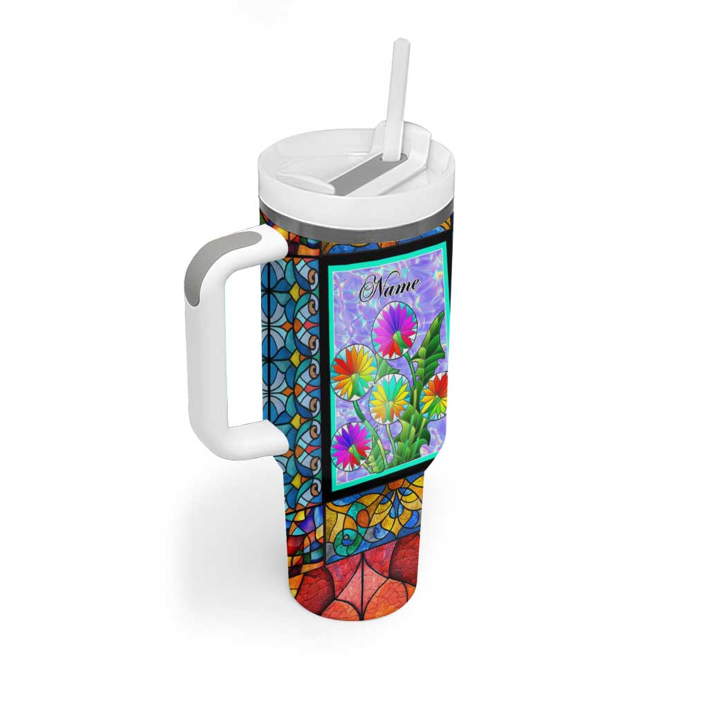 Personalized Christian Faith Stained Glass Printing Tumbler With Handle Custom Name Be Still And Know That I Am God Dandelion Taraxacum Flower