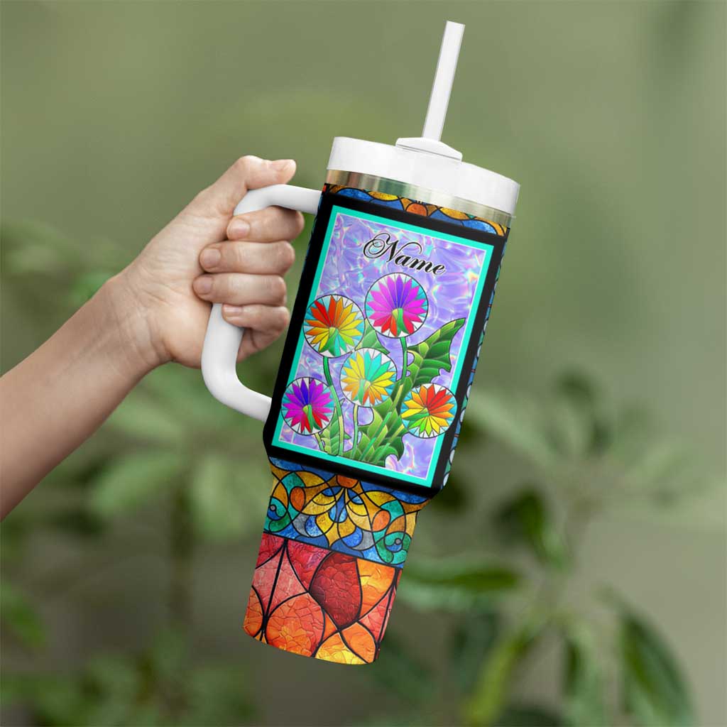 Personalized Christian Faith Stained Glass Printing Tumbler With Handle Custom Name Be Still And Know That I Am God Dandelion Taraxacum Flower
