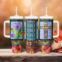 Personalized Christian Faith Stained Glass Printing Tumbler With Handle Custom Name Be Still And Know That I Am God Dandelion Taraxacum Flower