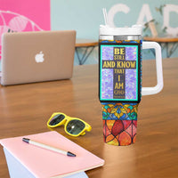 Personalized Christian Faith Stained Glass Printing Tumbler With Handle Custom Name Be Still And Know That I Am God Dandelion Taraxacum Flower