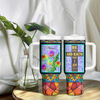 Personalized Christian Faith Stained Glass Printing Tumbler With Handle Custom Name Be Still And Know That I Am God Dandelion Taraxacum Flower
