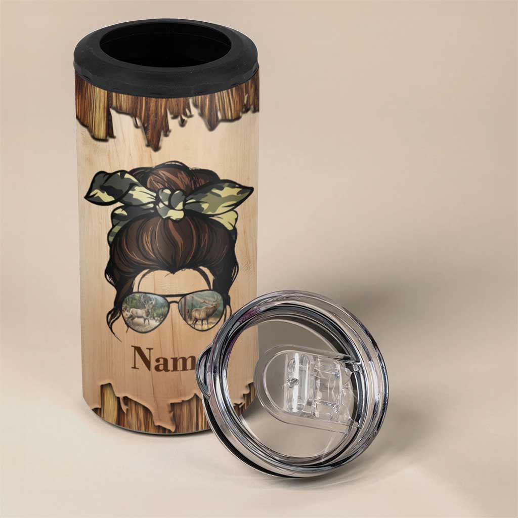 Personalized Deer Hunting Girl 4 in 1 Can Cooler Tumbler Custom Name I'd Rather Be Hunting Camouflage Messy Bun