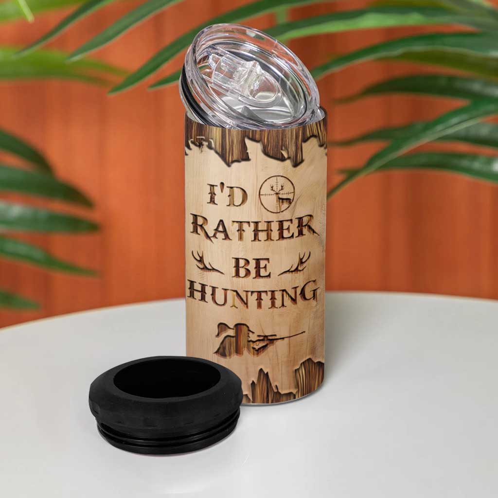 Personalized Deer Hunting Girl 4 in 1 Can Cooler Tumbler Custom Name I'd Rather Be Hunting Camouflage Messy Bun