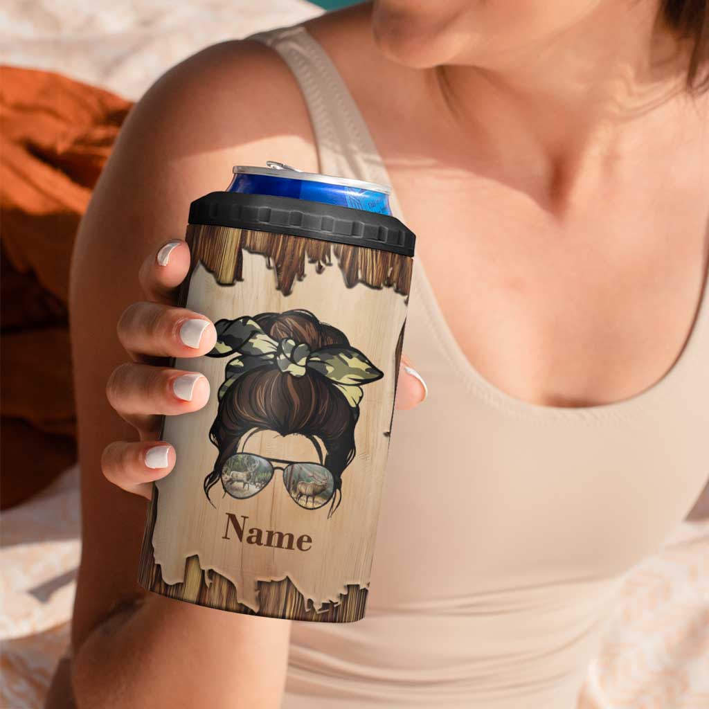 Personalized Deer Hunting Girl 4 in 1 Can Cooler Tumbler Custom Name I'd Rather Be Hunting Camouflage Messy Bun