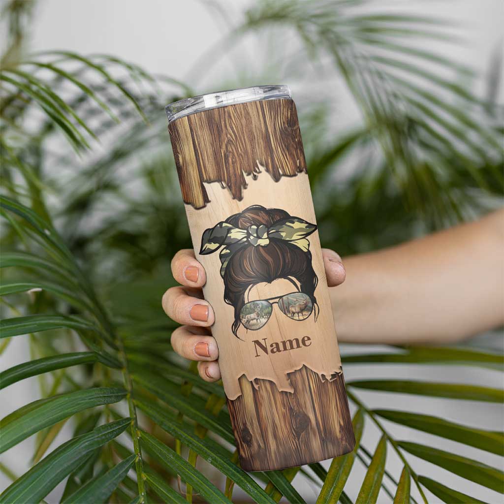 Personalized Deer Hunting Girl Skinny Tumbler Custom Name I'd Rather Be Hunting Camouflage Messy Bun