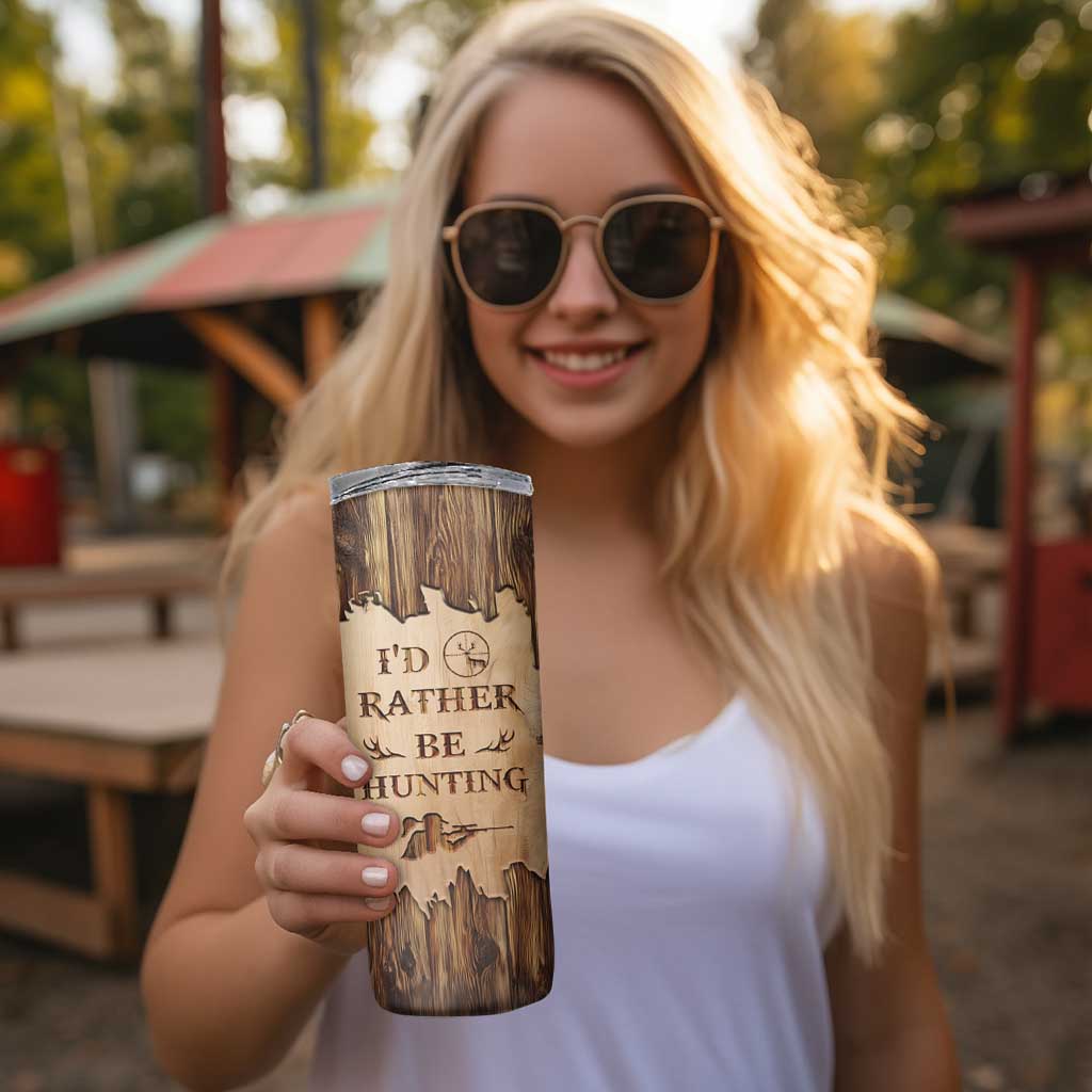 Personalized Deer Hunting Girl Skinny Tumbler Custom Name I'd Rather Be Hunting Camouflage Messy Bun