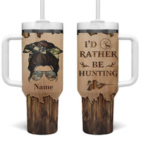 Personalized Deer Hunting Girl Tumbler With Handle Custom Name I'd Rather Be Hunting Camouflage Messy Bun