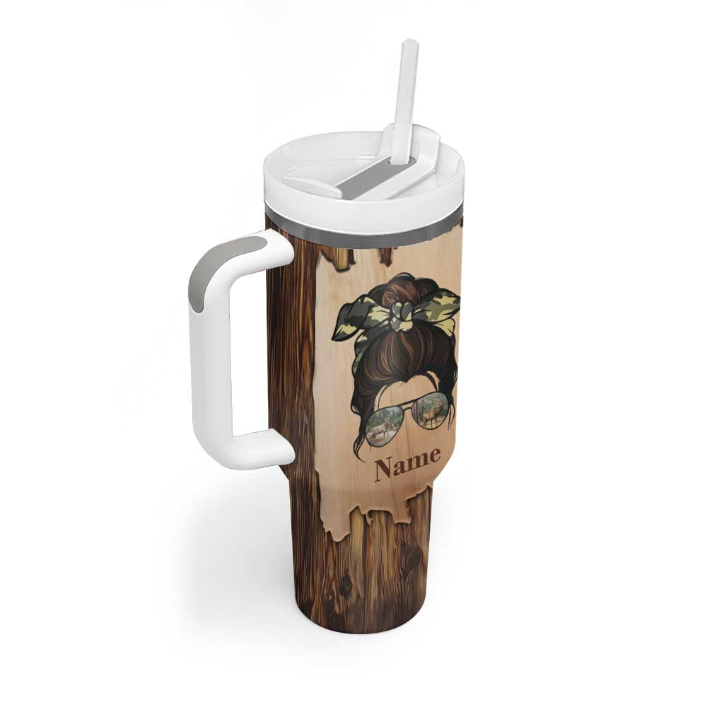 Personalized Deer Hunting Girl Tumbler With Handle Custom Name I'd Rather Be Hunting Camouflage Messy Bun