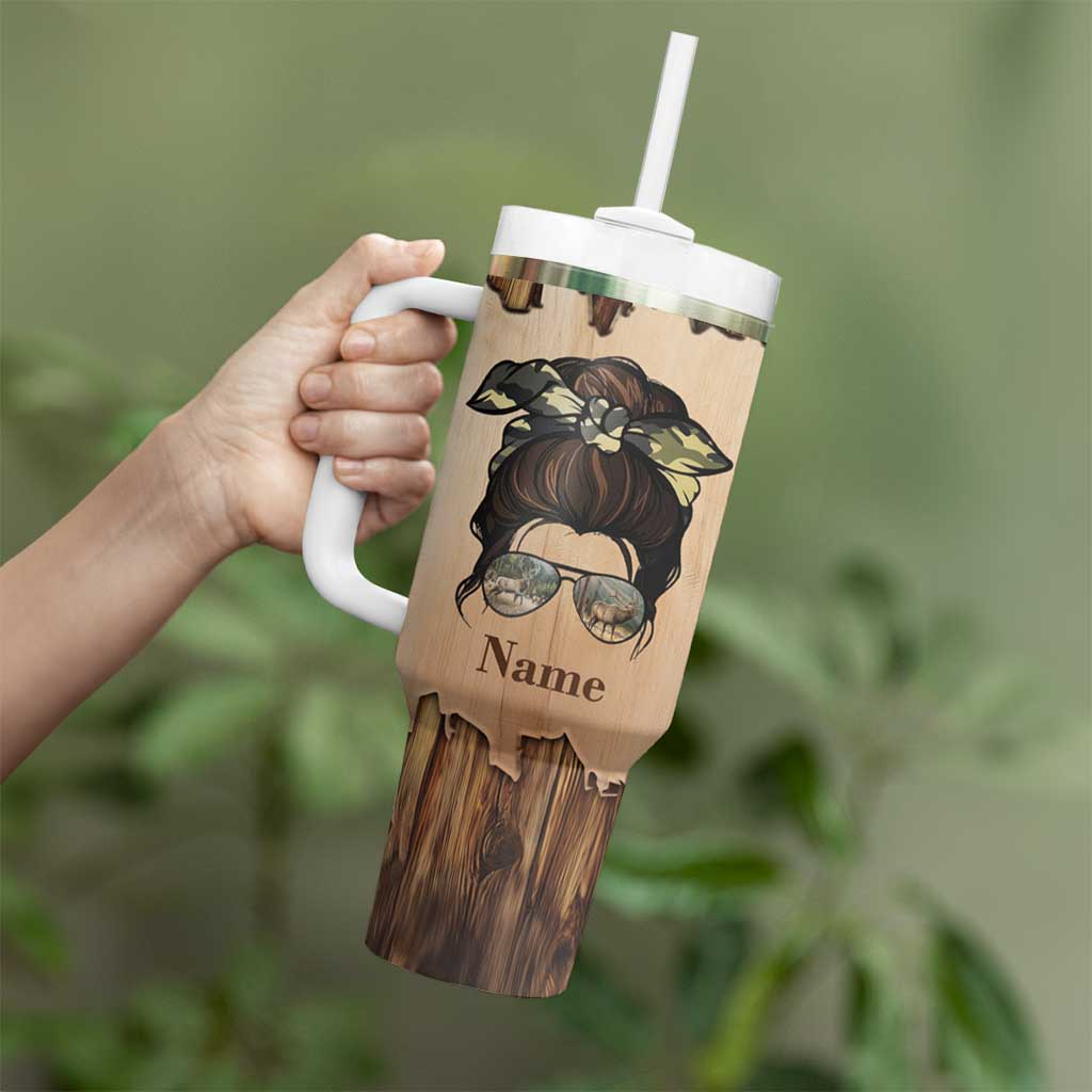 Personalized Deer Hunting Girl Tumbler With Handle Custom Name I'd Rather Be Hunting Camouflage Messy Bun