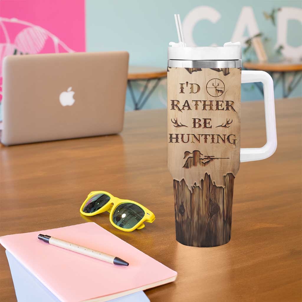 Personalized Deer Hunting Girl Tumbler With Handle Custom Name I'd Rather Be Hunting Camouflage Messy Bun