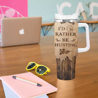 Personalized Deer Hunting Girl Tumbler With Handle Custom Name I'd Rather Be Hunting Camouflage Messy Bun