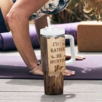 Personalized Deer Hunting Girl Tumbler With Handle Custom Name I'd Rather Be Hunting Camouflage Messy Bun