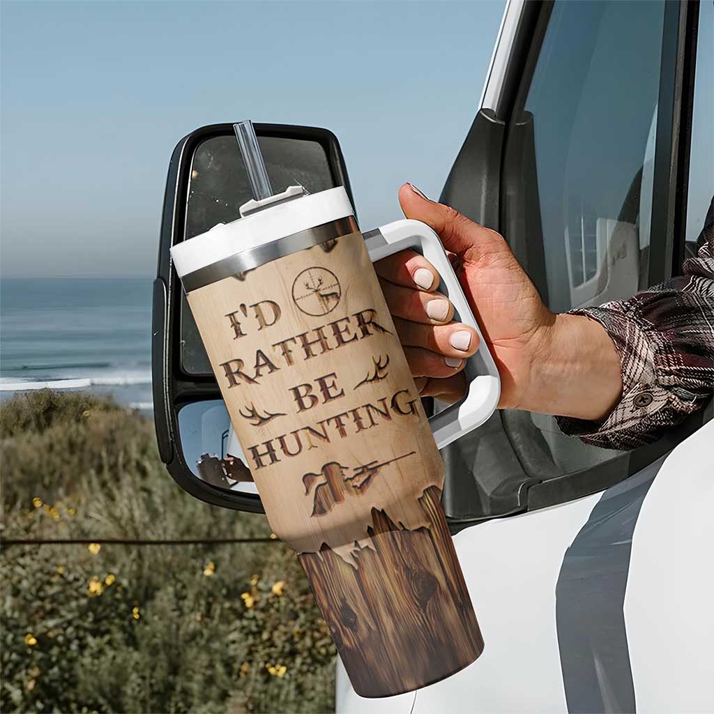 Personalized Deer Hunting Girl Tumbler With Handle Custom Name I'd Rather Be Hunting Camouflage Messy Bun