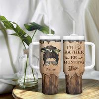 Personalized Deer Hunting Girl Tumbler With Handle Custom Name I'd Rather Be Hunting Camouflage Messy Bun