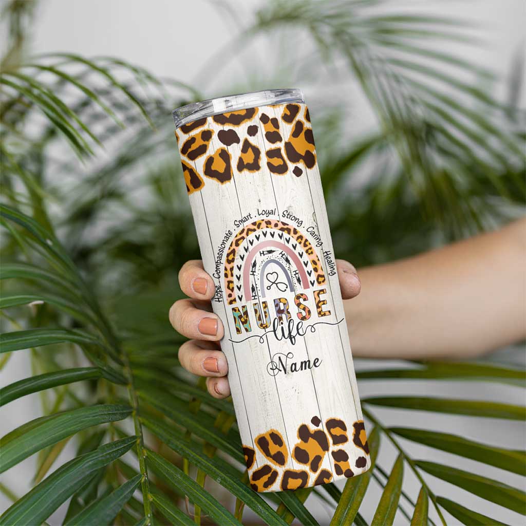 Personalized Funny Nurse Life Skinny Tumbler Custom Name Badass Life Saver Appreciation Leopard Rainbow