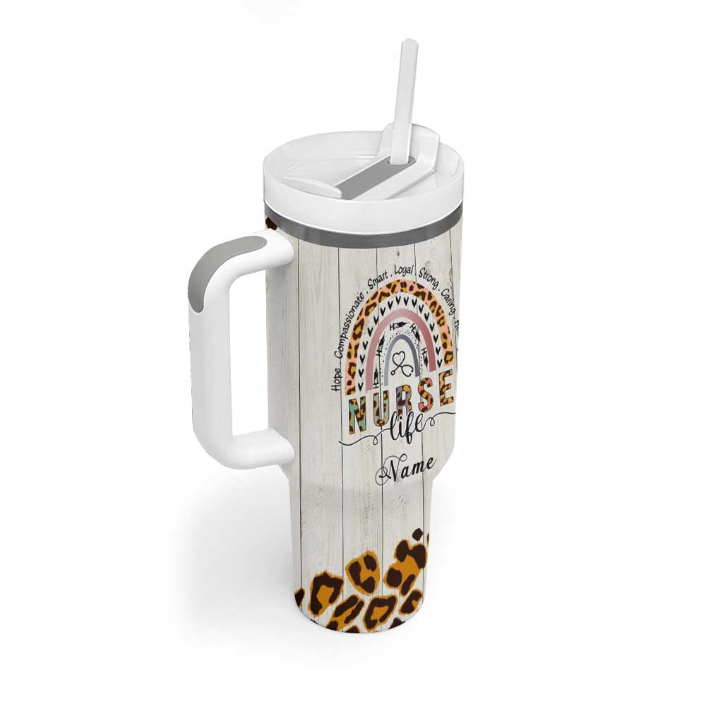 Personalized Funny Nurse Life Tumbler With Handle Custom Name Badass Life Saver Appreciation Leopard Rainbow