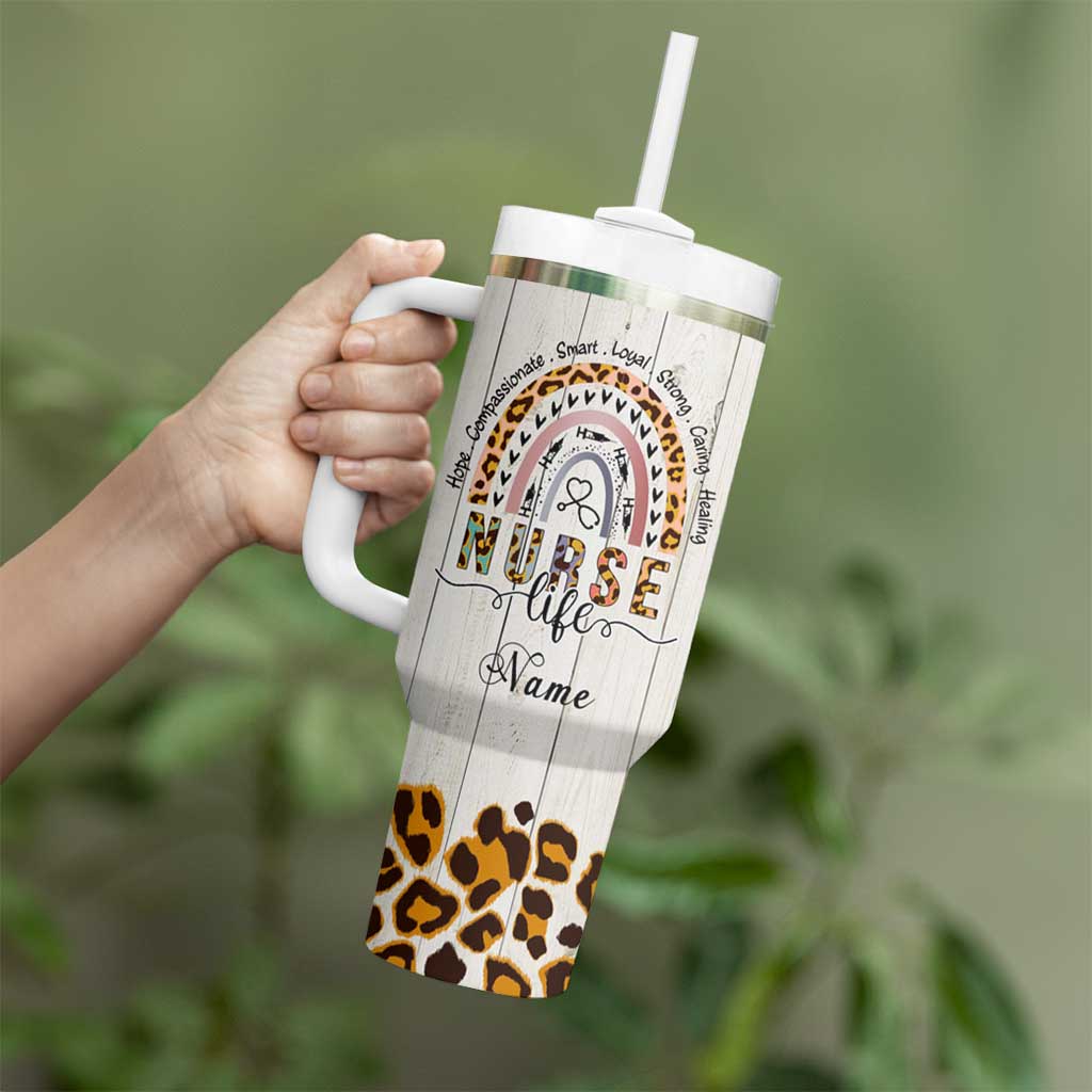 Personalized Funny Nurse Life Tumbler With Handle Custom Name Badass Life Saver Appreciation Leopard Rainbow