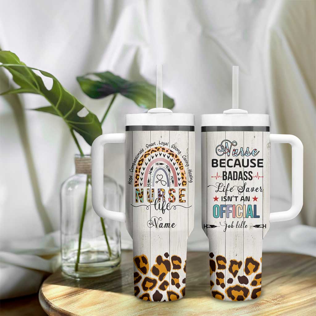 Personalized Funny Nurse Life Tumbler With Handle Custom Name Badass Life Saver Appreciation Leopard Rainbow