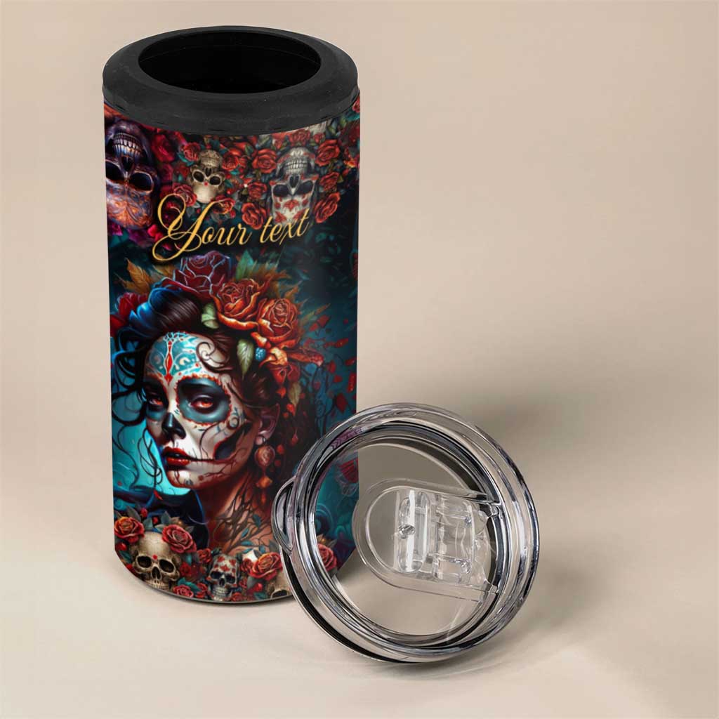 Personalized La Catrina Sugar Skull 4 in 1 Can Cooler Tumbler Custom Name Day of the Dead Skull Roses Gothic Aesthetic