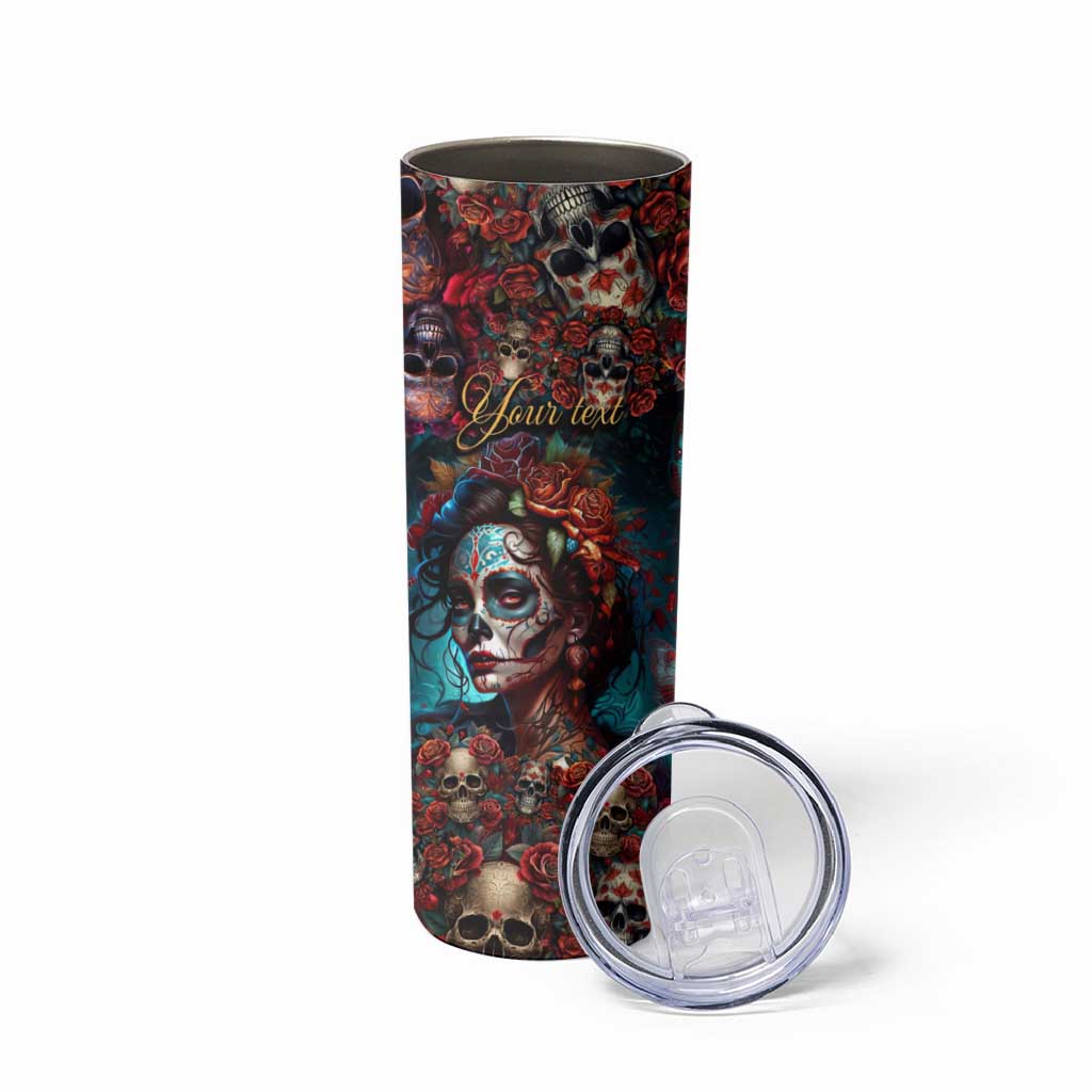 Personalized La Catrina Sugar Skull Skinny Tumbler Custom Name Day of the Dead Skull Roses Gothic Aesthetic