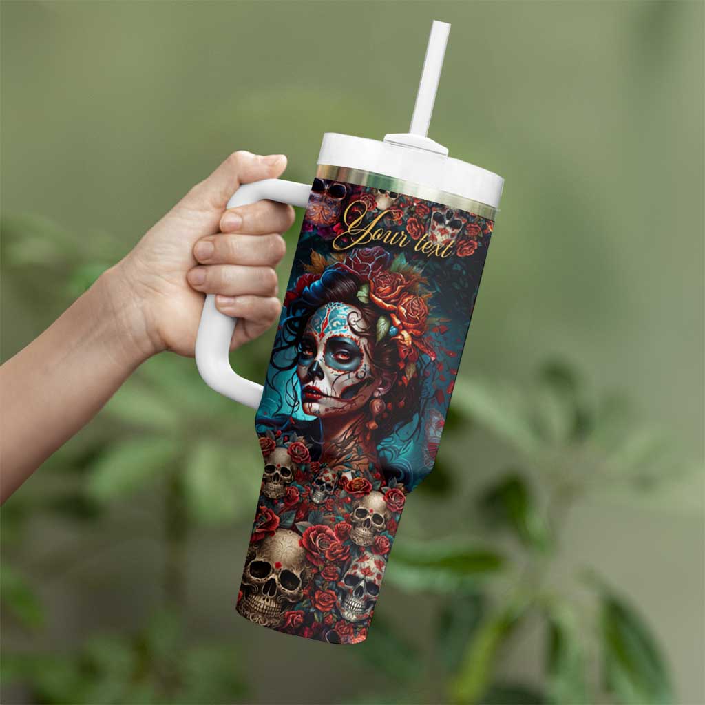 Personalized La Catrina Sugar Skull Tumbler With Handle Custom Name Day of the Dead Skull Roses Gothic Aesthetic