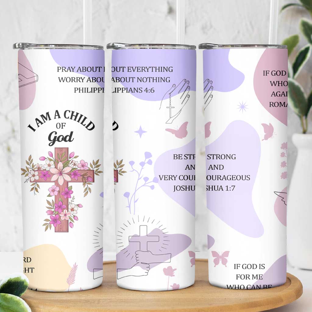 Aesthetic Floral Christian Skinny Tumbler I Am A Child Of God Religious Faith Inspirational Bible Verse