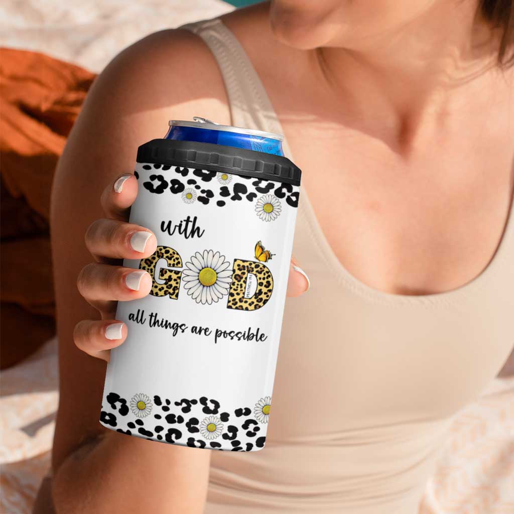 Christian Faith Daisy Leopard 4 in 1 Can Cooler Tumbler With God All Things Are Possible Inspirational Bible Verse Religious Gifts