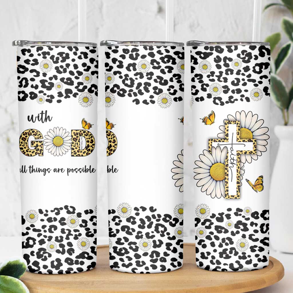 Christian Faith Daisy Leopard Skinny Tumbler With God All Things Are Possible Inspirational Bible Verse Religious Gifts