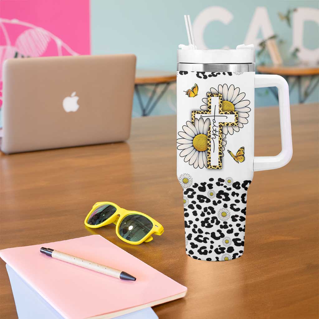 Christian Faith Daisy Leopard Tumbler With Handle With God All Things Are Possible Inspirational Bible Verse Religious Gifts