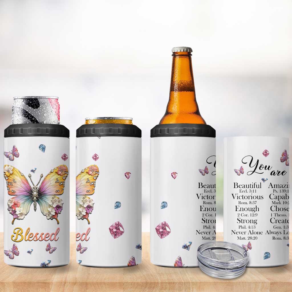 Floral Butterfly Christian 4 in 1 Can Cooler Tumbler Blessed Inspirational Bible Verses Faith-based Religious Scripture