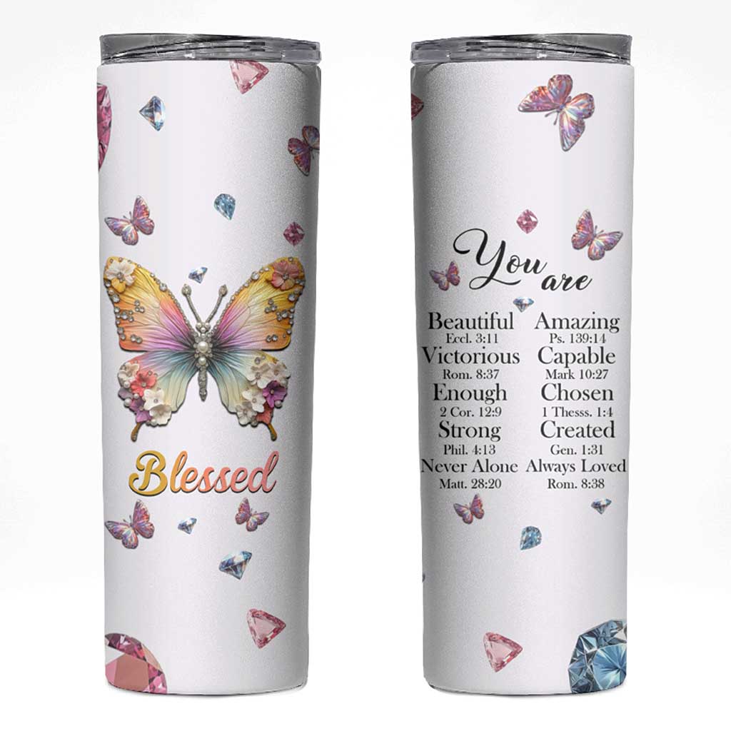 Floral Butterfly Christian Skinny Tumbler Blessed Inspirational Bible Verses Faith-based Religious Scripture