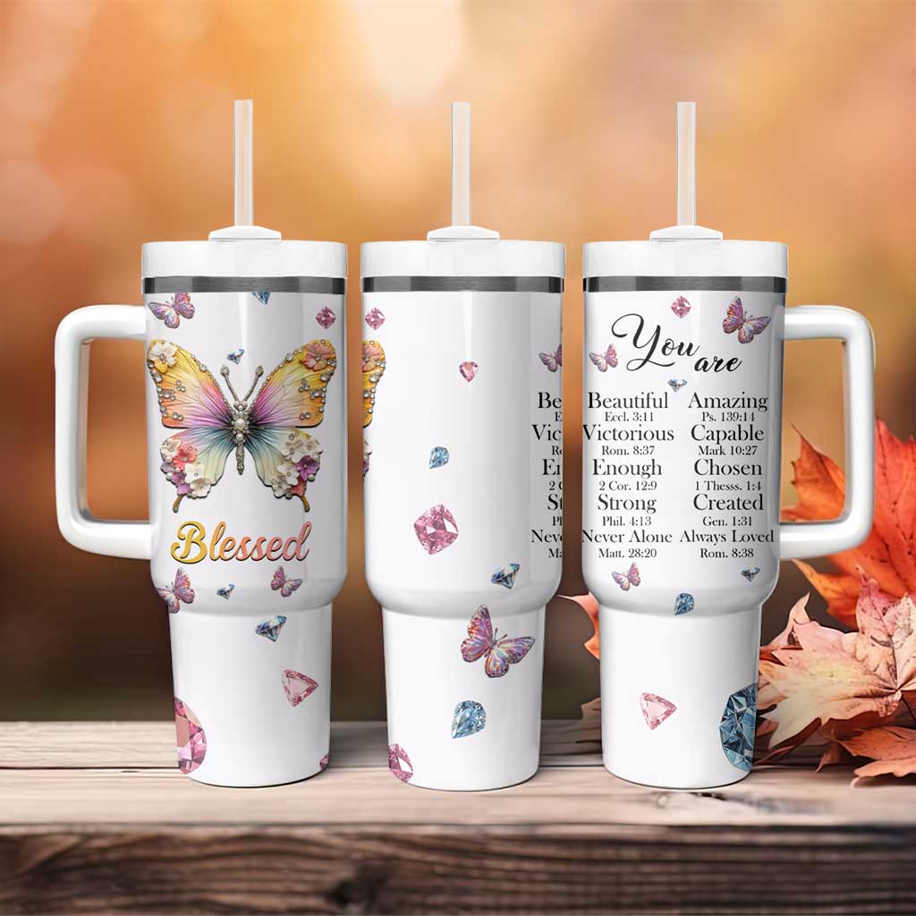 Floral Butterfly Christian Tumbler With Handle Blessed Inspirational Bible Verses Faith-based Religious Scripture