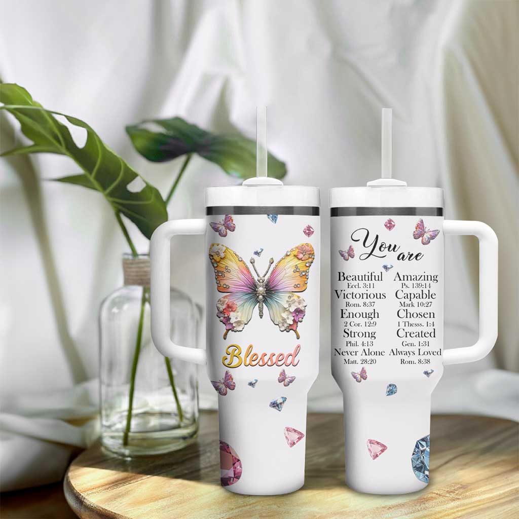 Floral Butterfly Christian Tumbler With Handle Blessed Inspirational Bible Verses Faith-based Religious Scripture