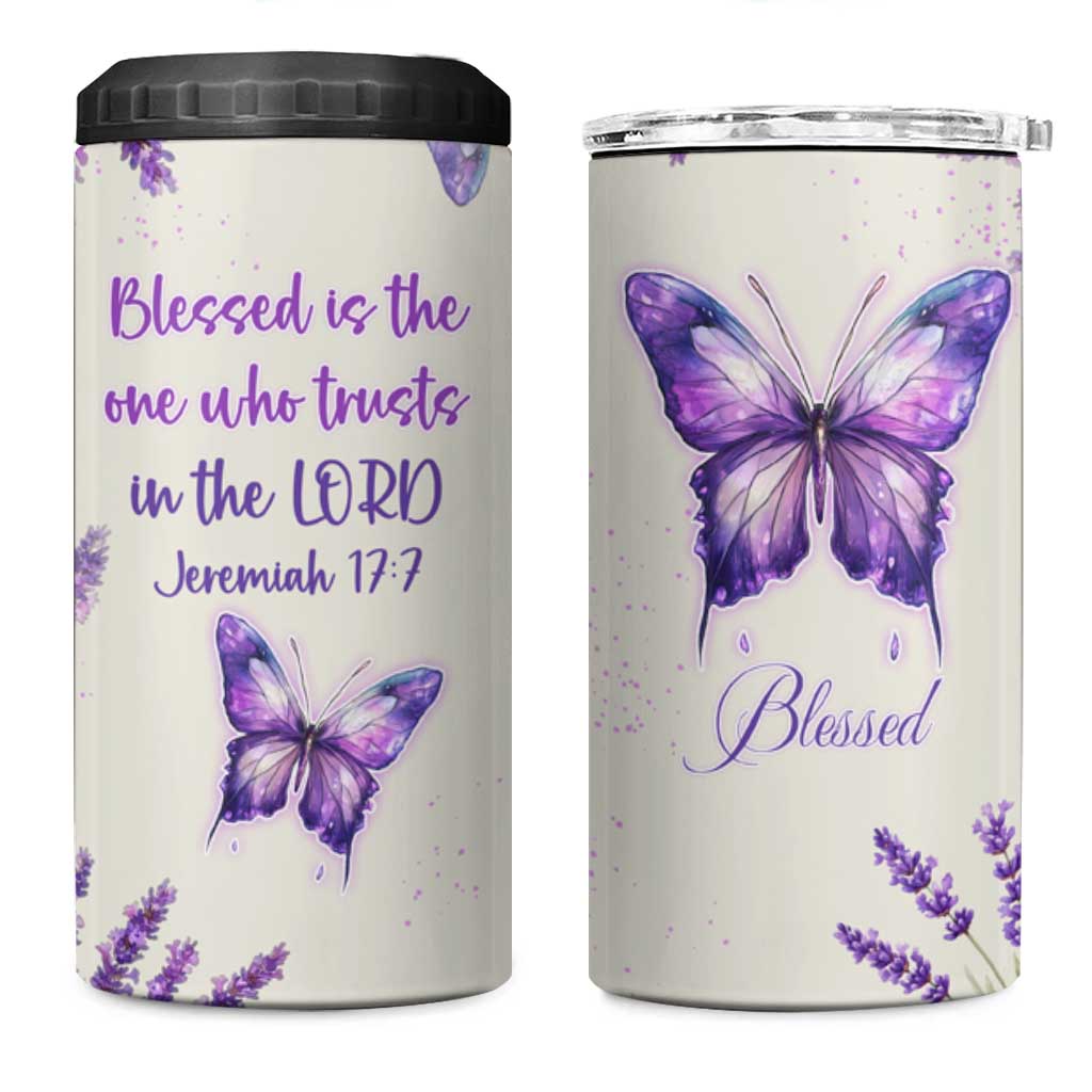 Inspirational Christian Faith Butterfly 4 in 1 Can Cooler Tumbler Blessed Is The One Who Trusts In The Lord Bible Verses Religious Scripture