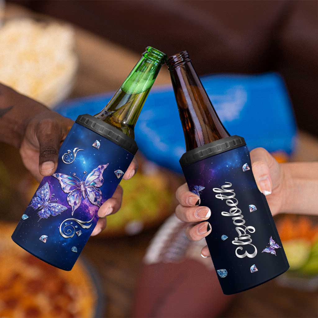 Personalized Name Butterfly 4 in 1 Can Cooler Tumbler Blue Galaxy Gem Butterflies Gifts