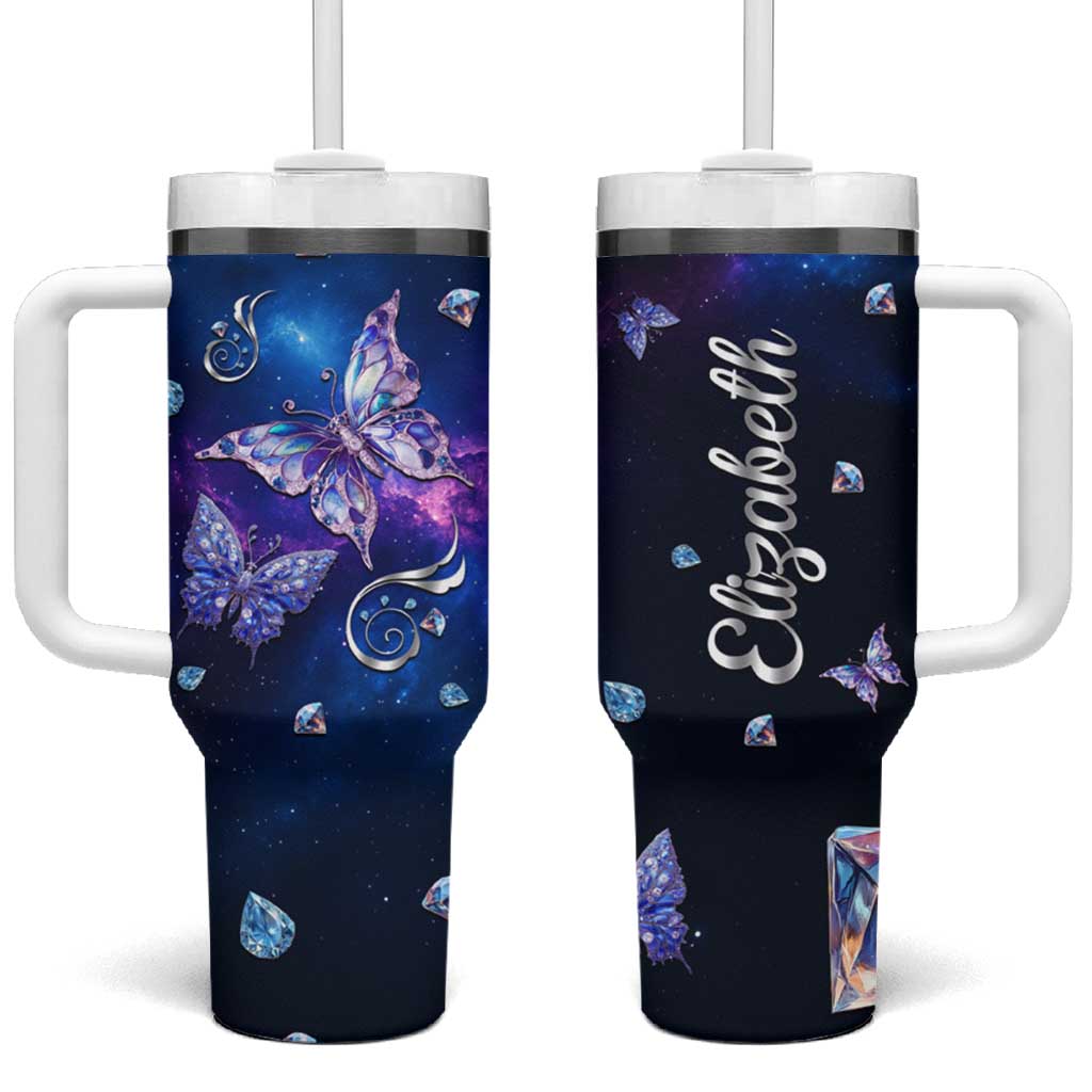 Personalized Name Butterfly Tumbler With Handle Blue Galaxy Gem Butterflies Gifts