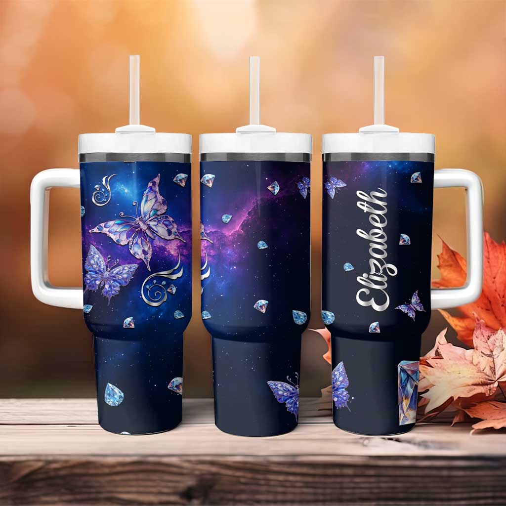 Personalized Name Butterfly Tumbler With Handle Blue Galaxy Gem Butterflies Gifts