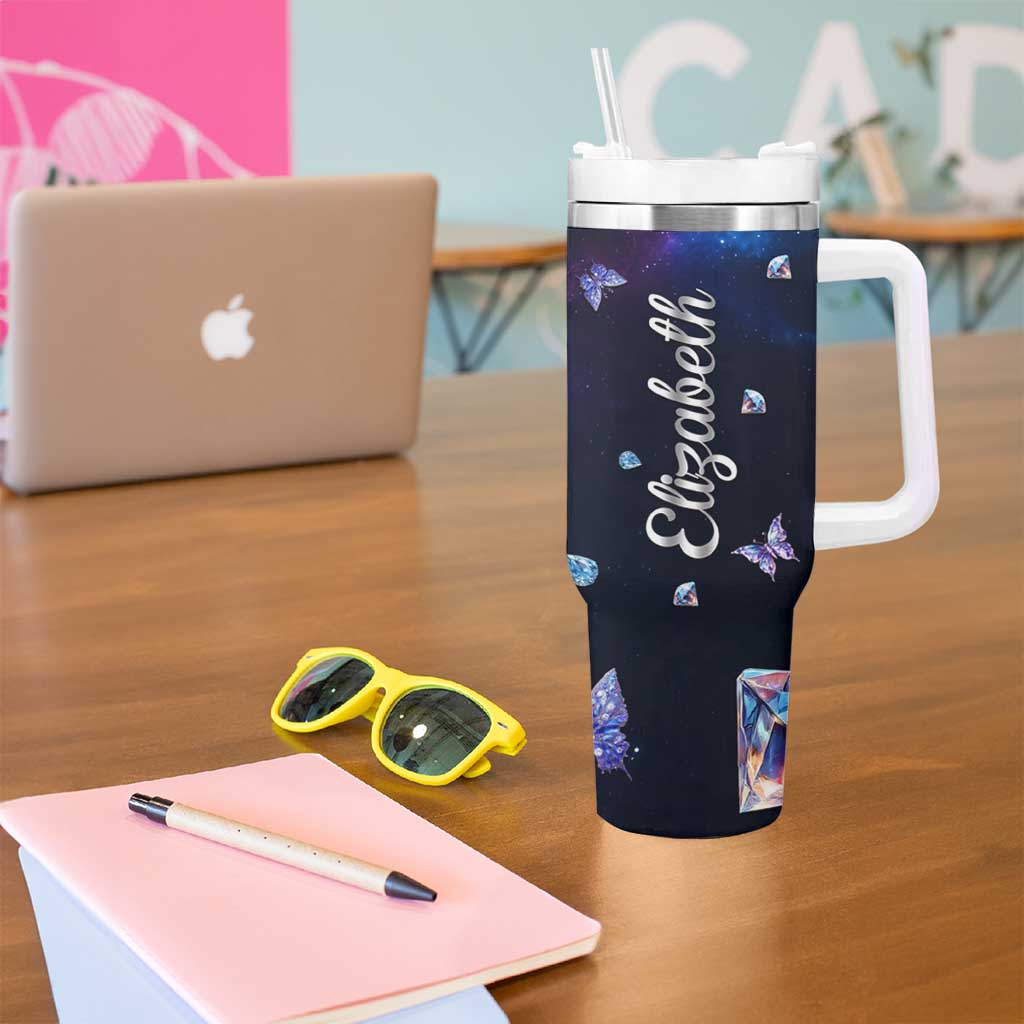 Personalized Name Butterfly Tumbler With Handle Blue Galaxy Gem Butterflies Gifts