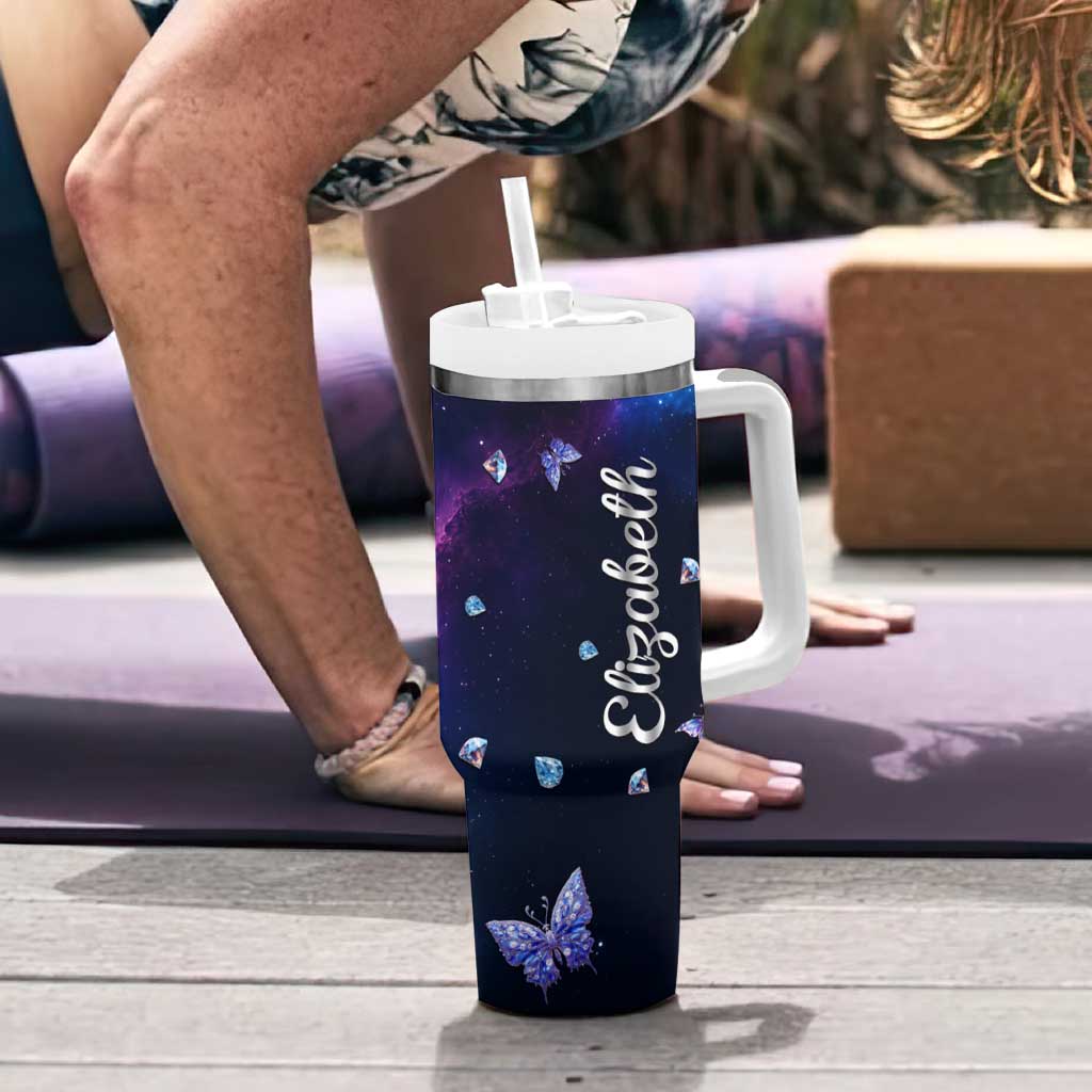 Personalized Name Butterfly Tumbler With Handle Blue Galaxy Gem Butterflies Gifts