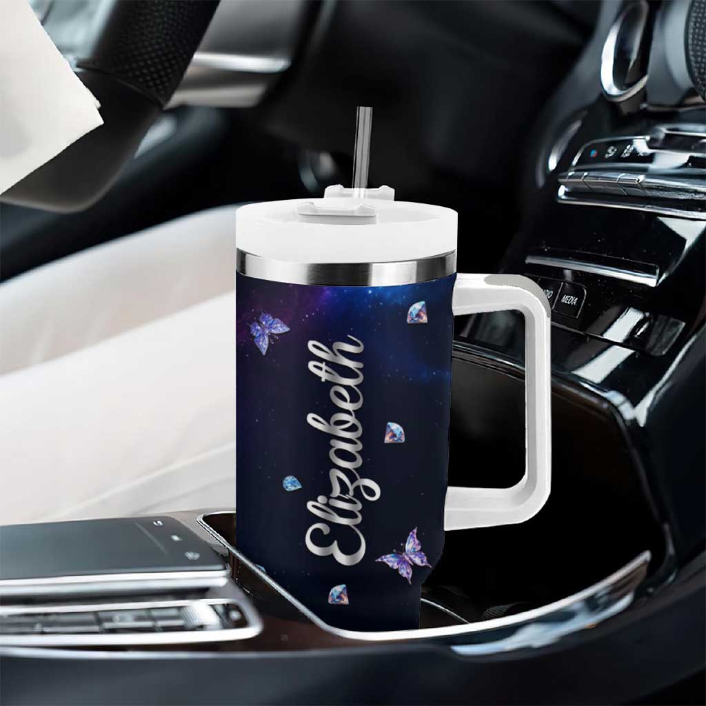 Personalized Name Butterfly Tumbler With Handle Blue Galaxy Gem Butterflies Gifts