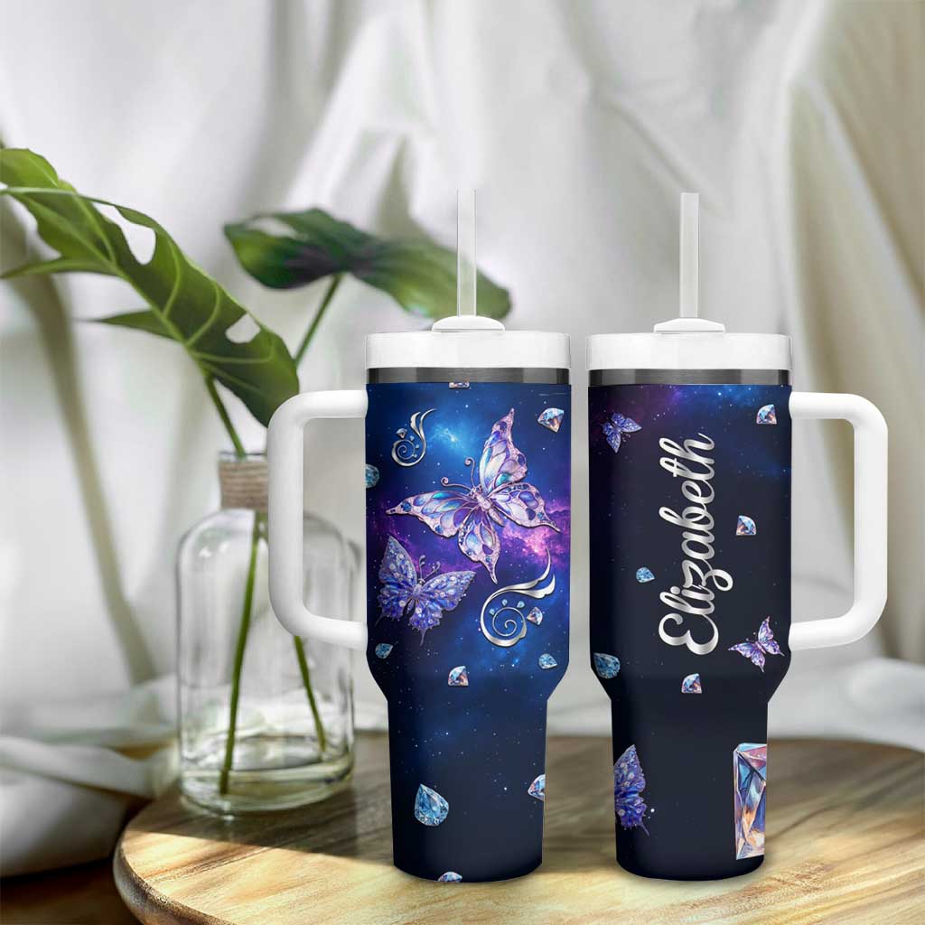 Personalized Name Butterfly Tumbler With Handle Blue Galaxy Gem Butterflies Gifts