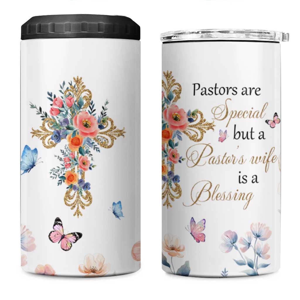 Blessed Pastor’s Wife 4 in 1 Can Cooler Tumbler Christian Botanical Floral Cross Religious Pastor Appreciation