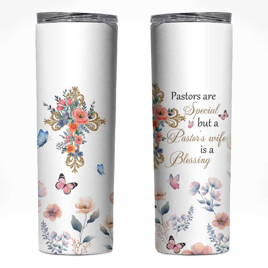 Blessed Pastor’s Wife Skinny Tumbler Christian Botanical Floral Cross Religious Pastor Appreciation